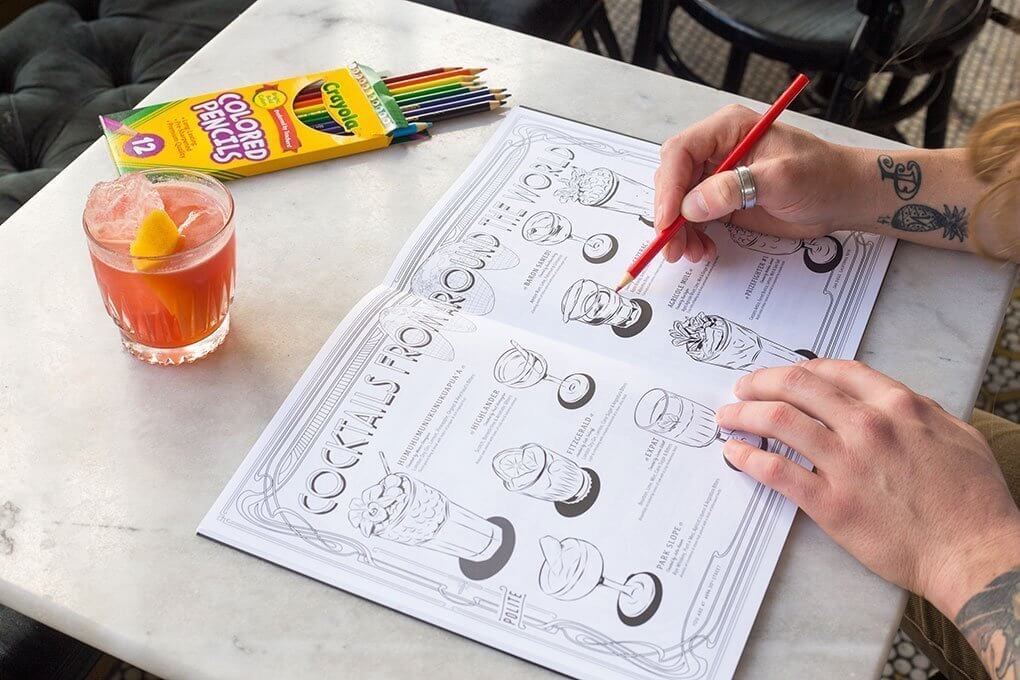 Polite Provisions in San Diego enhances the playful cocktail experience with a 25-page menu that doubles as a coloring book