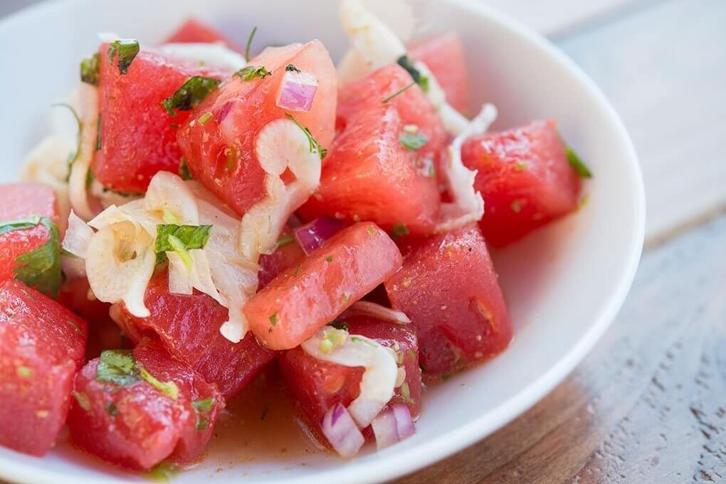 Seasoned with mint, red onion, fennel and lime, Adya’s watermelon chaat is a creative take on the classic Indian snack