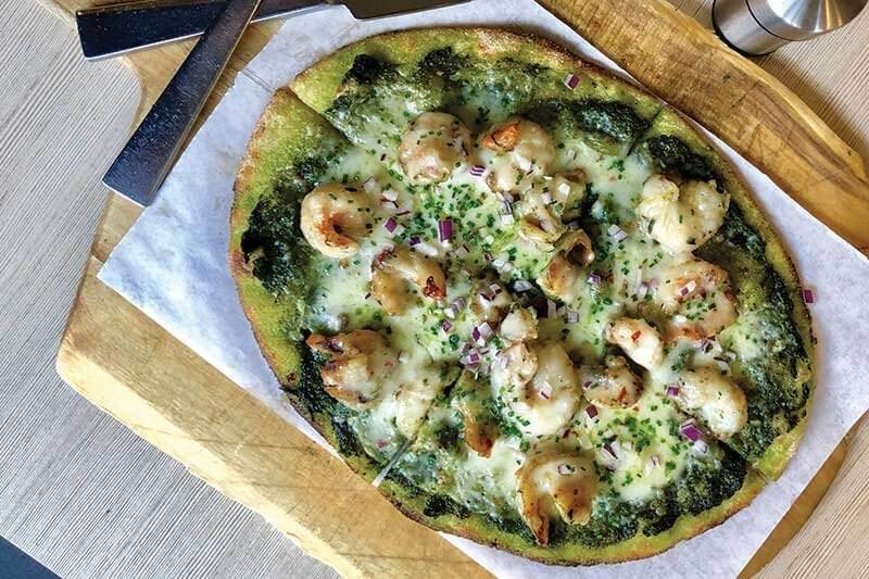 The Grilled Shrimp Tart offers a Belgian version of pizza at Brabo Tasting Room in Alexandria, Va.