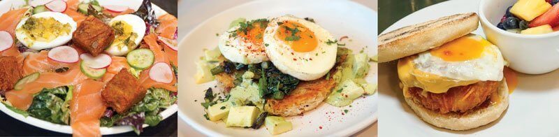 Salmon Rösti (left) at New York’s Made Nice includes cubes of hash browns. An egg-leftped Potato Rösti (center) at Winsome in Los Angeles can be customized with asparagus, spinach and more. The Gas Station Sandwich (right) layers egg, hash brown, cheese and grape jelly at Chicago’s City Mouse.