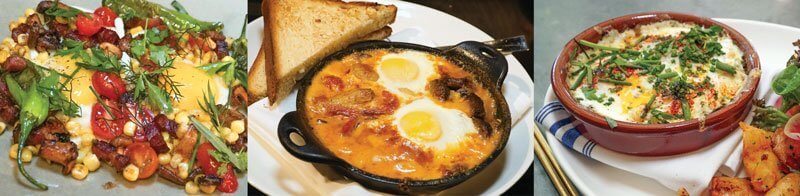 Two Eggs Any Style (left) join with candied pork belly at Temple Court in New York. Baked Eggs (center) are served with merguez at Double Take in Los Angeles. Sauvage in Brooklyn, N.Y., has its own version of Baked Eggs ((right)), with fines herbes, hen-of-the-woods mushrooms and raclette.