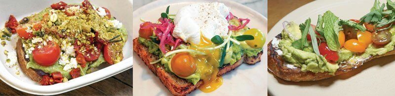 The Mediterranean (left) at Brooklyn’s Avocaderia piles the toast high with mashed avocado, sun-dried tomatoes and crumbled feta. An elaborate Charred Avocado Toast (center) at Sunday in Brooklyn includes pickled onion and wheatgrass. The Guacamole Goat Cheese Toast (right) at Atla in New York, layers chèvre and avocado, leftped with marinated cherry tomatoes, pickled red onion, cilantro and mint.