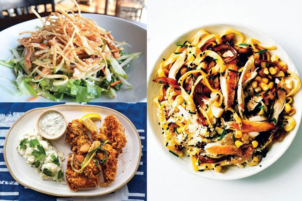 Clockwise from top left: VIEWHOUSE's WASABI & SWEET GARLIC CHICKEN SALAD; MINIGROW's CHICKEN JAWN; BESSOU's CHICKEN KARAAGE