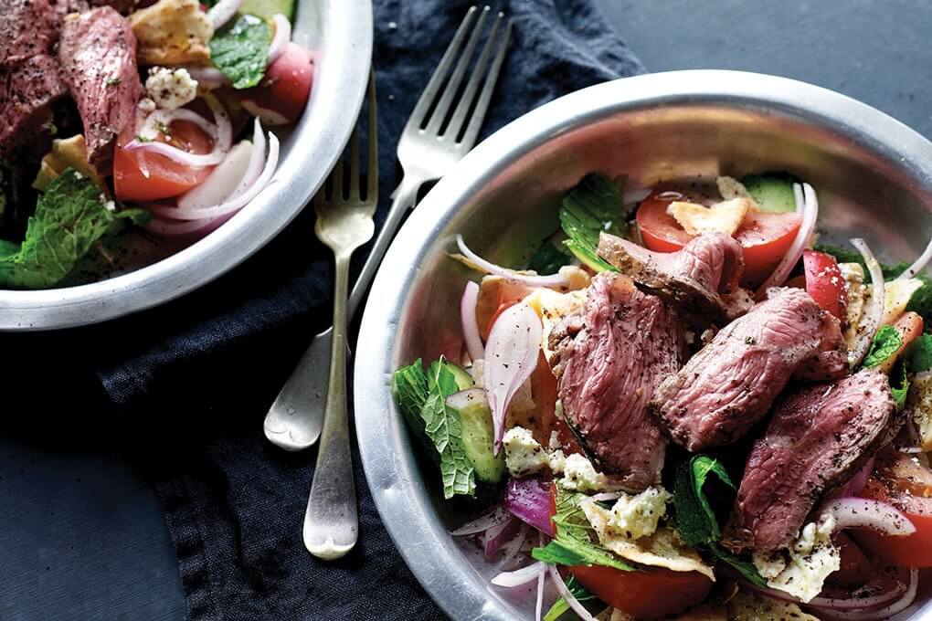 Za’atar-spiced Aussie lamb loin adds substance to the fattoush salad, which also features the traditional tomatoes, cucumbers and radishes—as well as sumac and mint leaves for distinctive flavor.