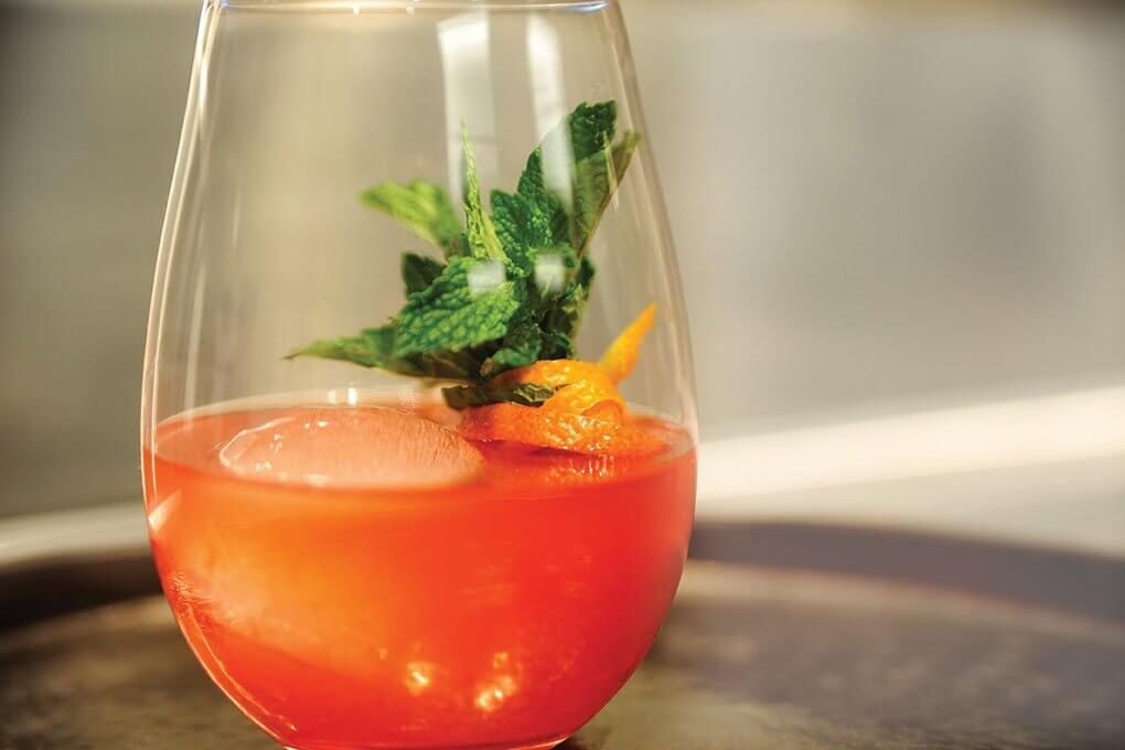 A5 Negroni made with Japanese whisky, Wagyu fat, Campari, sweet vermouth, blood orange juice