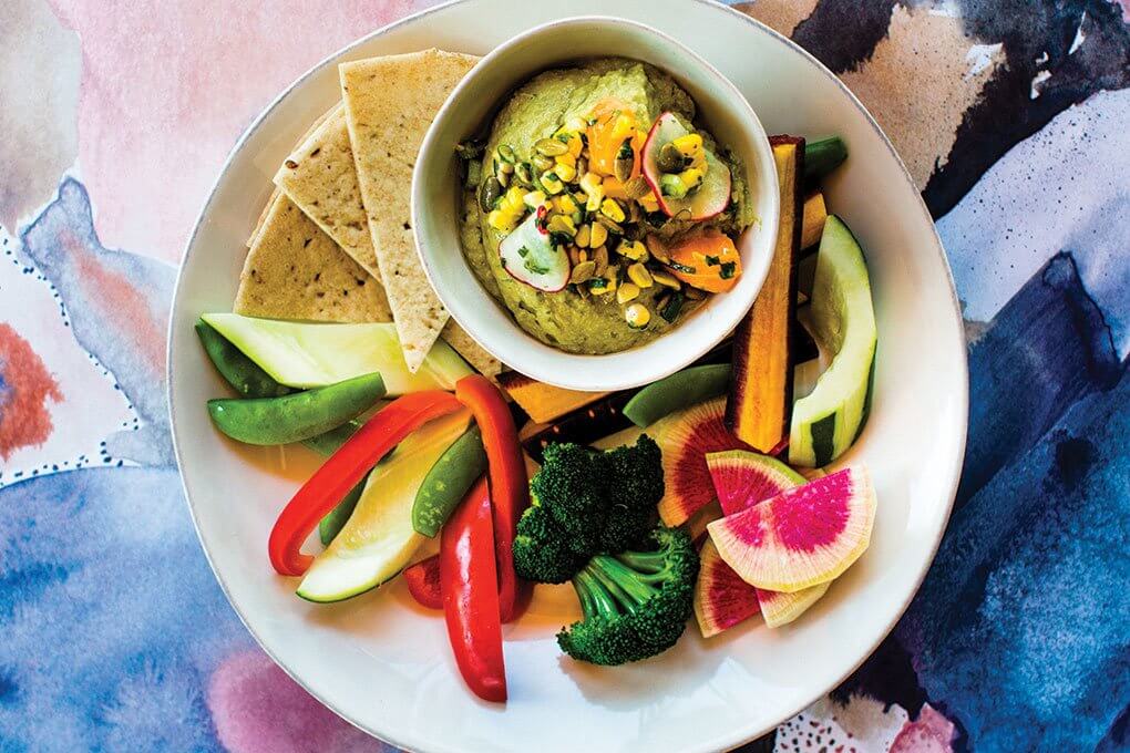 Hummus, avocado, jalapeño, cilantro, scallion, with pita and crudités