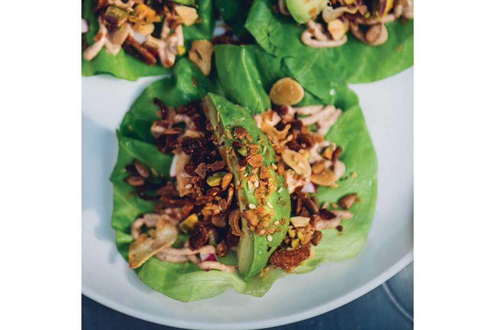 Avocado Lettuce cups with radish, pistachio dukkah, tamari-almond dressing