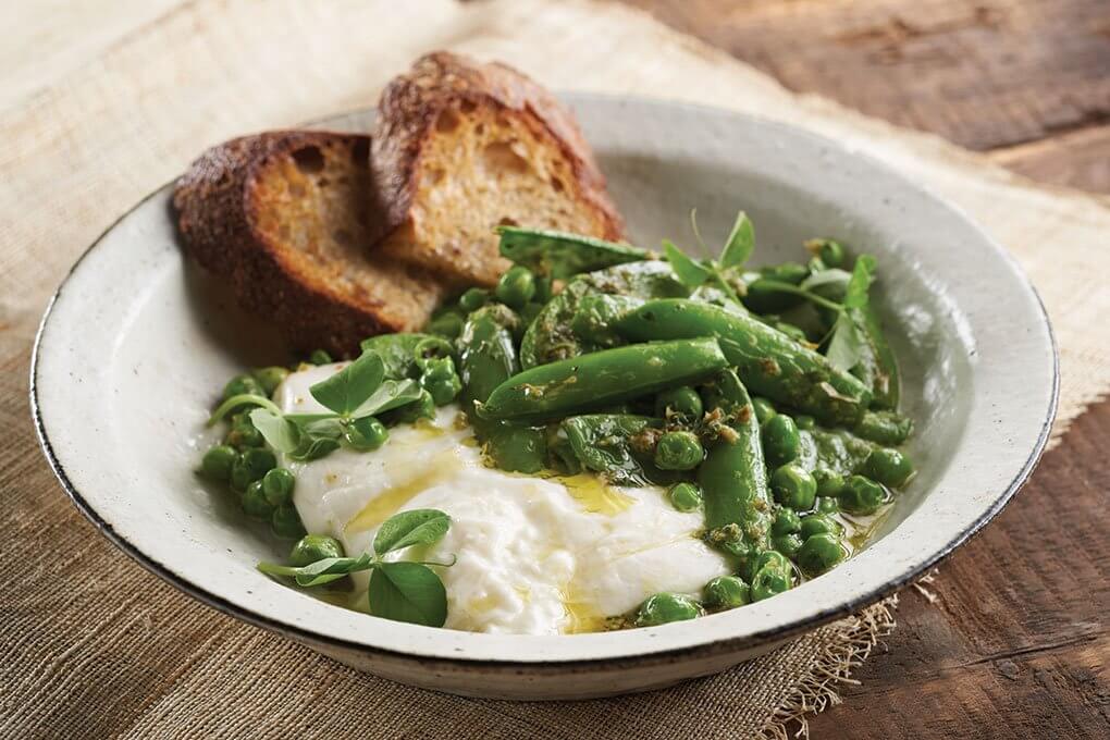 Charred Spring Peas with sauce verte and burrata