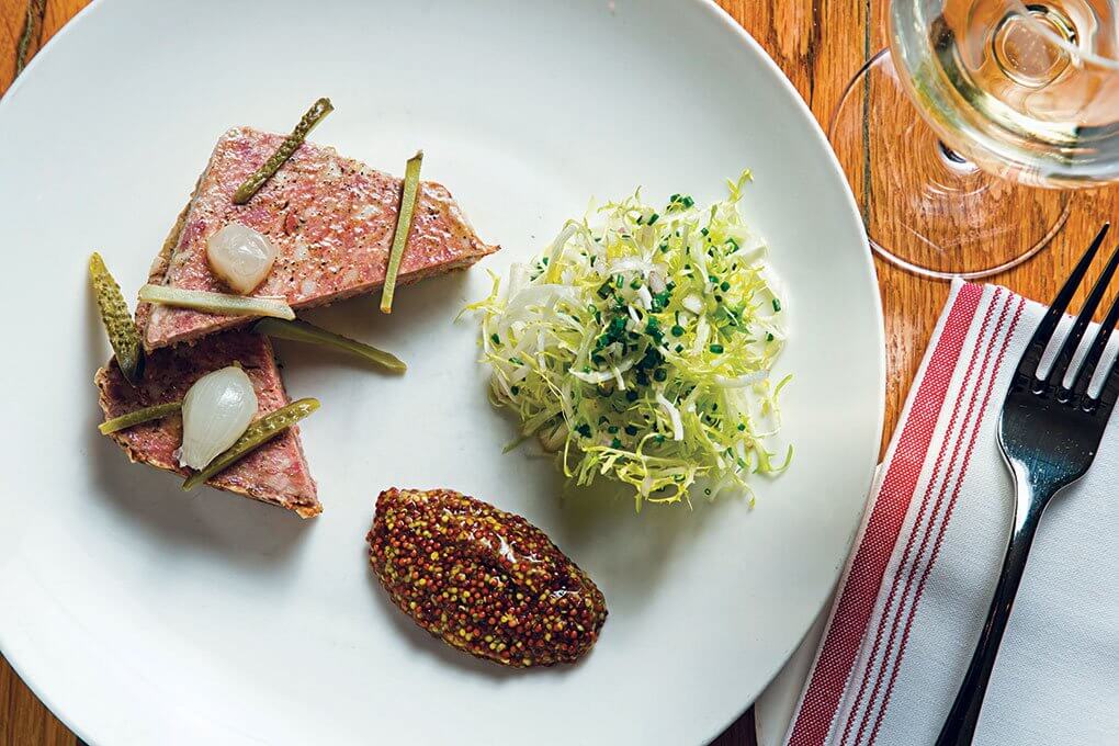 Country Pâté with cornichons, frisée, sharp Dijon, rustic bread