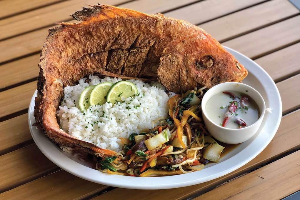 Crispy Red Snapper for Two with jasmine rice, bok choy, shiitake, bean sprouts and coconut broth