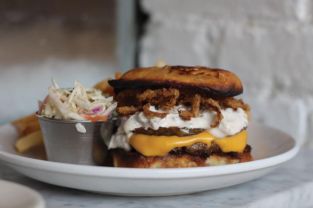 Brisket, fried onions, pickles, tartar sauce, pork-bun bun