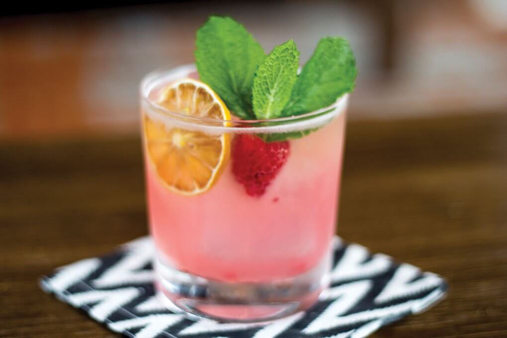 Grape brandy, raspberry syrup, lemon juice, rosé, dehydrated lemon slice, mint-skewered raspberry