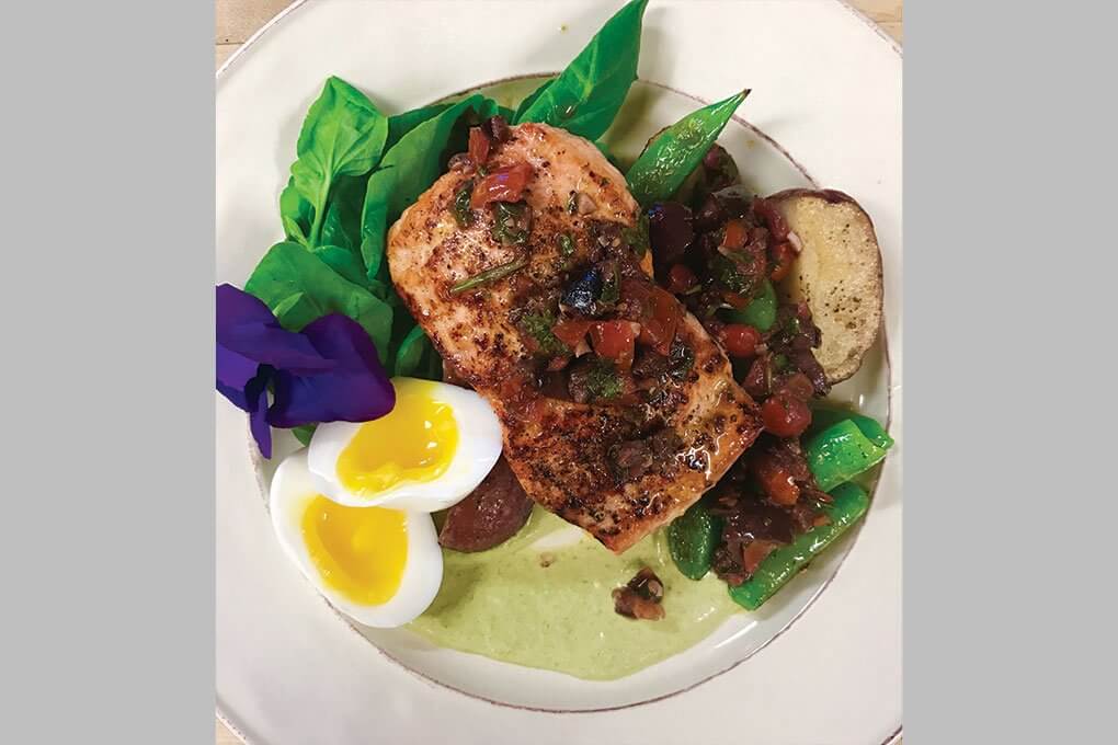 Crispy Skin Salmon with mushroom dust, roasted mushroom, beetroot ketchup