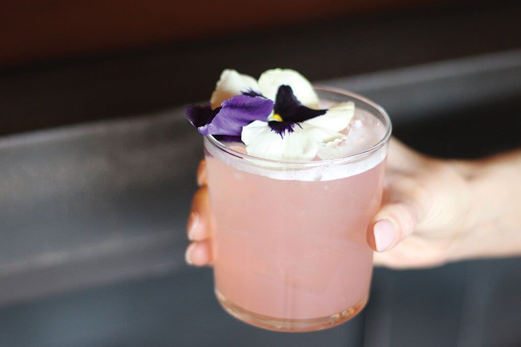 Pratsch rosé, Dolin Blanc, lime juice, mint simple syrup, Social Pink Grapefruit Ginger sparkling wine