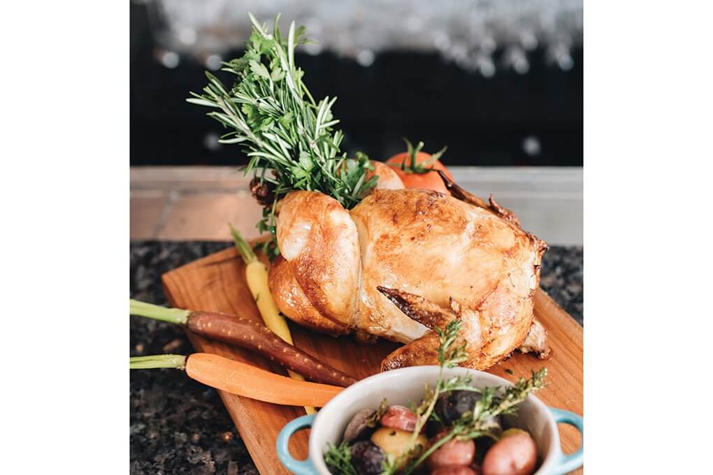 Rotisserie-roasted heritage-breed chicken, potatoes