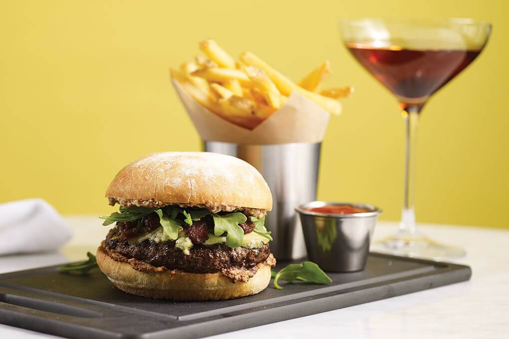 Filet mignon, bacon-onion jam, arugula, Gorgonzola, Gruyère, whole-grain mustard, Kaiser roll