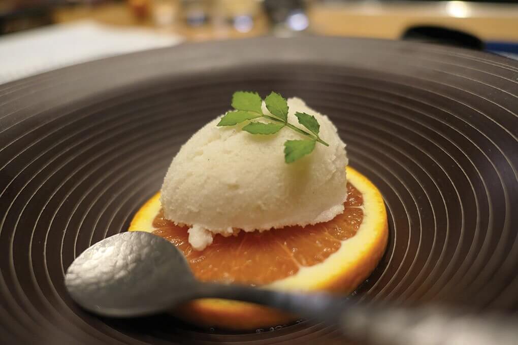 Sansho Spice Sorbet with sansho pepper, lemon, blood orange