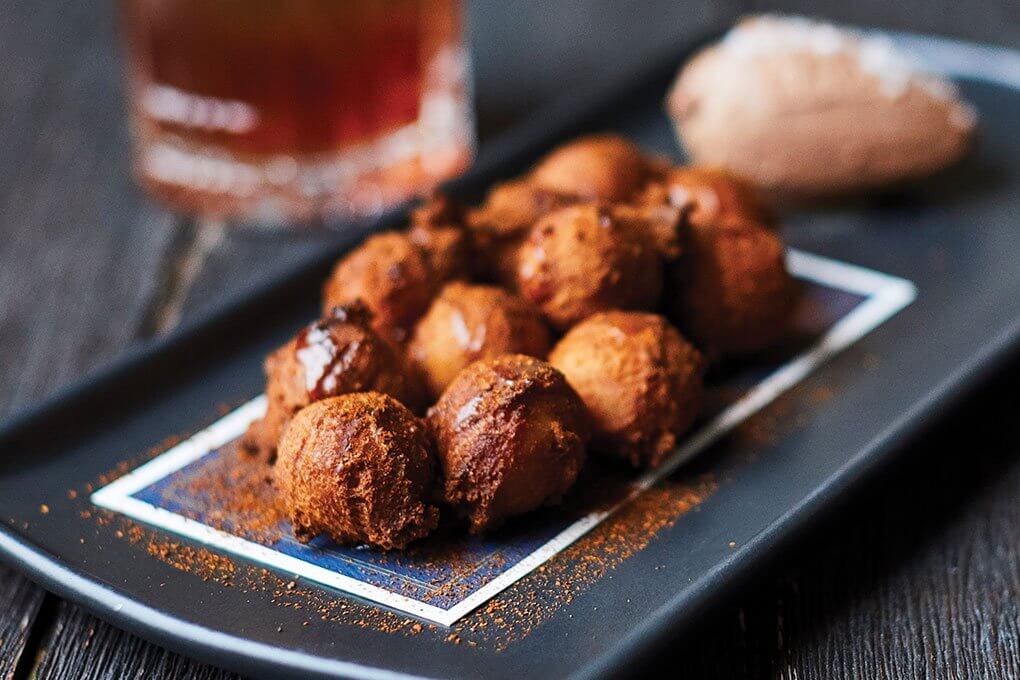 Scorpion Chile Hushpuppies with sourwood honey and chicken liver mousse