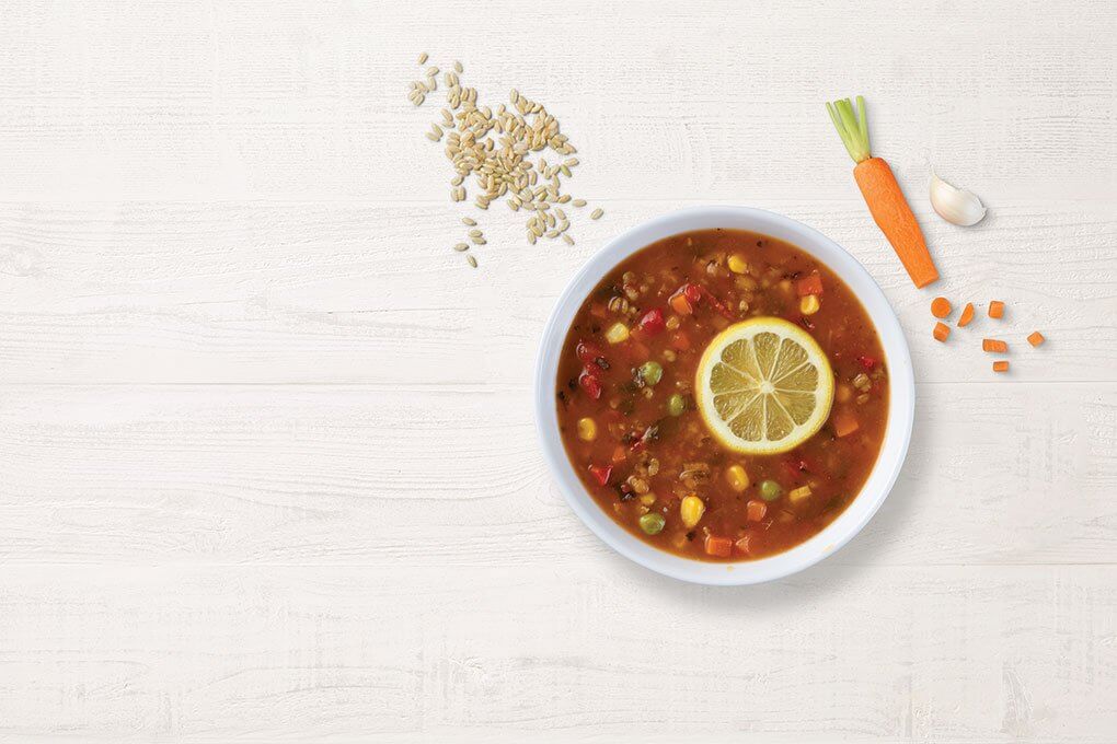 Ten Vegetable Soup with brown rice, Red Fife, wheat berries, black chia seed, tamari, lime juice, lemon zest, Aleppo pepper, market vegetables