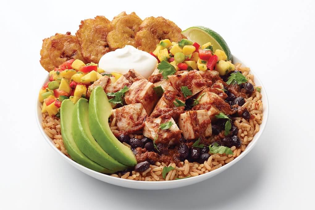 Mesquite chicken, rice, beans, tostones, mango salsa, avocado, sour cream, Havana sauce