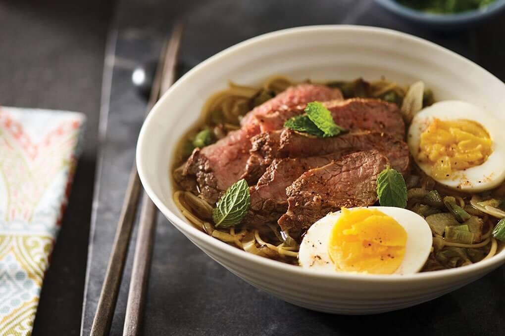 Ribeye cap, angel hair pasta, hot sauce, hard-boiled egg, mint garnish