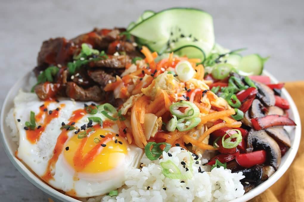 Bibimbap: Made with Haliburton Sweet & Spicy Gochujang Sauce, Kimchi Style Pickled Cabbage Blend and Sesame Roasted Mushrooms & Red Peppers Bibimbap: Made with Haliburton Sweet & Spicy Gochujang Sauce, Kimchi Style Pickled Cabbage Blend and Sesame Roasted Mushrooms & Red Peppers