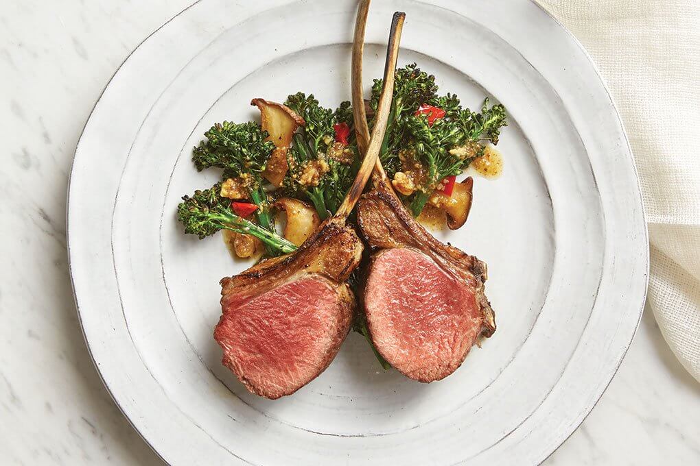 Lamb Scottadito with Walnut Anchovy Salsa and Broccolini