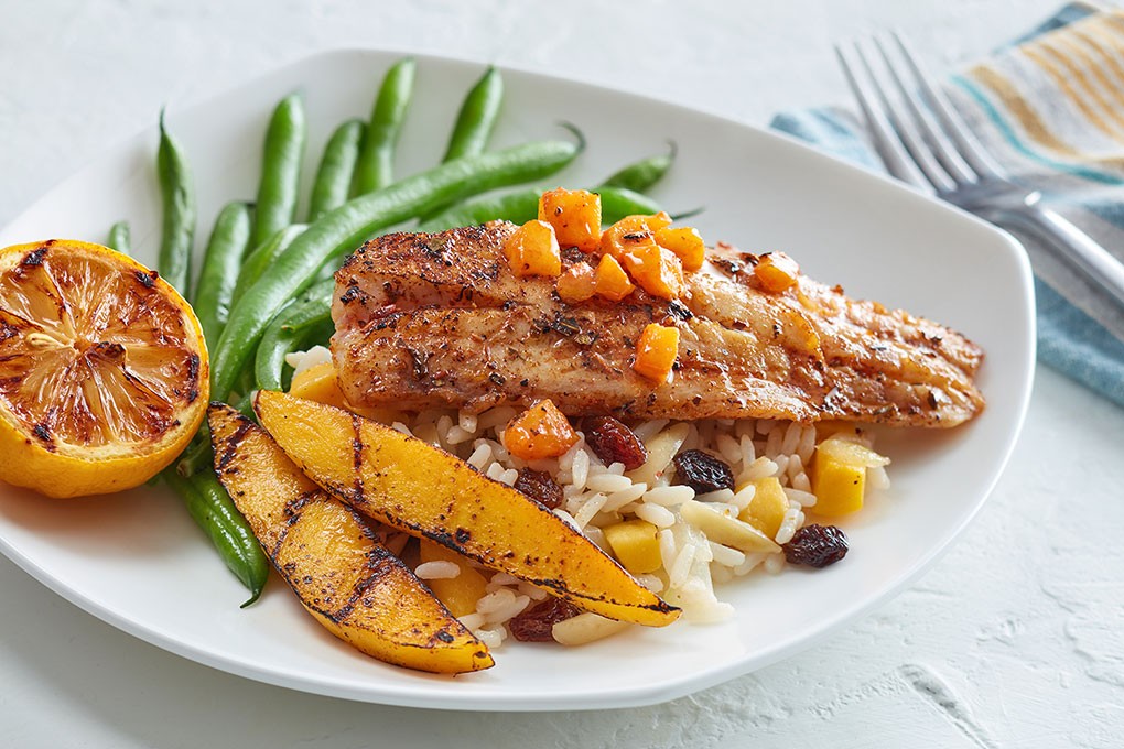 Grilled Red Snapper Filet with Mango-Sriracha Butter and Mango Rice Madras photo