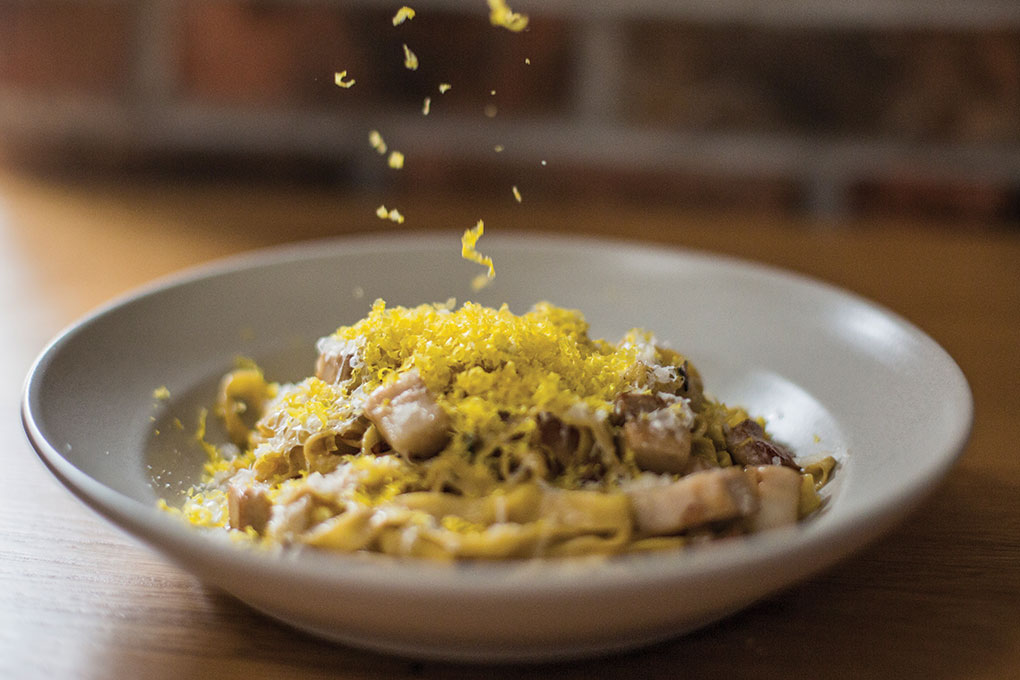 Tre Rivali updates carbonara with crispy pork belly