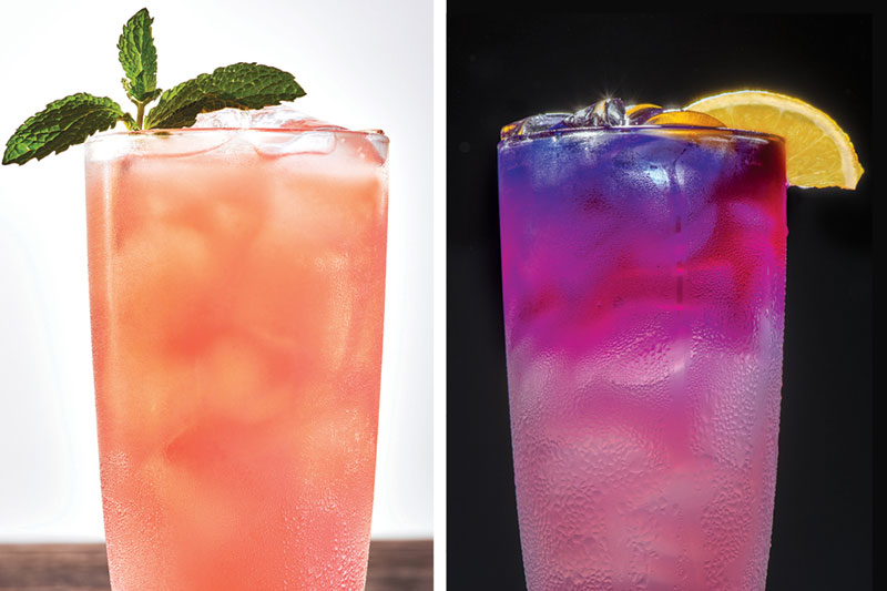 First Watch’s flagship fresh juice program, performing even better in the to-go model, features a summer LTO called Watermelon Wakeup, with watermelon, pineapple, lemon and mint (left). As a 2021 “Jumpstart LTO,” it’s planning the eye-catching Purple Haze, with butterfly pea flower tea, lemon, cane sugar and lavender (right).