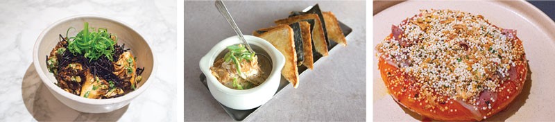 Left to right: Hijiki seaweed dials up flavor in the Grilled Maitake Mushrooms at Blackship; Young American pairs its Smoked Clam Dip with toast and nori points; and Bubu arare, chile jam, ham and furikake garnish Kāwi’s Spicy Roasted Rice Cake