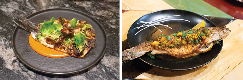 Drama marks the opportunity with branzino: Crown Shy’s version is served atop a squash mole while at Amaru, the whole fish is stuffed with lemon and thyme, then topped with a brown butter mojo and roasted corn salad.