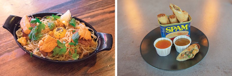 Left to right: Bayan Ko’s Luglug noodle dish features scallops, uni, chicharrón, egg yolk and uni. At Young American, Lumpia Shanghai are filled with ground beef, pork and Spam, and served with chile sauce and bagoong, a fermented fish sauce.