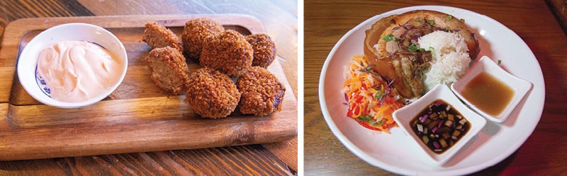 Bayan Ko’s Croqueta Tots are filled with smoked ham hock and served with a banana ketchup aïoli, and the stuffed Lechón Belly at Cebu is accompanied by pickled carrot slaw, rice, and soy and calamansi hot sauce.