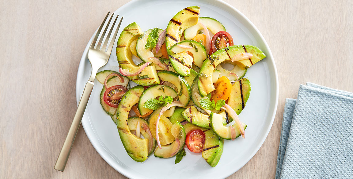 Grilled California Avocado, Tomato & Cucumber Salad with Minted Mojo Vinaigrette