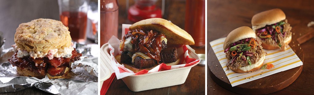 Smoked Brisket Biscuit, Smoked Brisket Burnt Ends Sandwich and Orange Pepper Pulled Pork Sliders