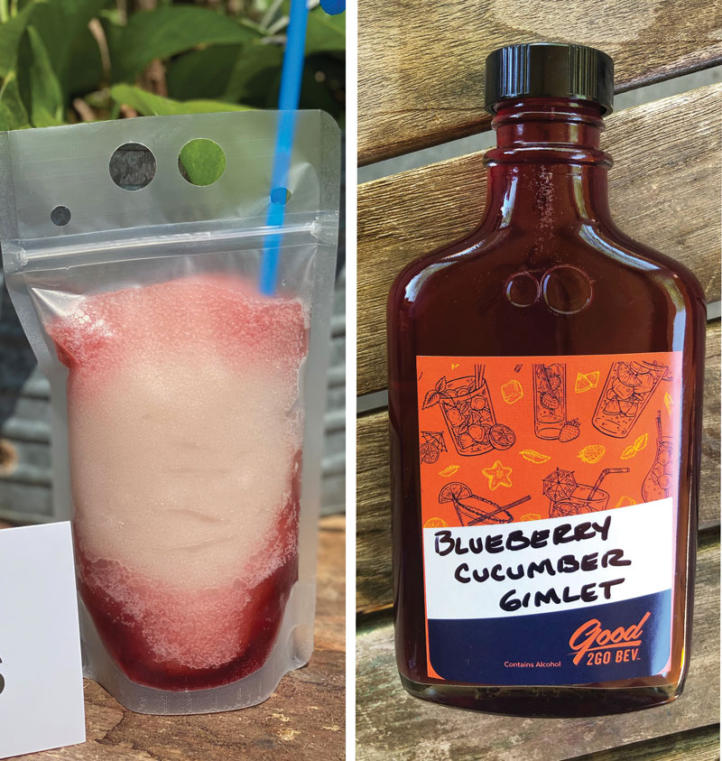 (Left) Sixty Vines, a Front Burner Restaurants brand in Dallas, matches the frothy, summery fun of frosé with its juice-box style to-go packaging. (Right) Creative bottling in a kit can translate the specialness of crafted cocktails. Designed for hotel guests, Kim Haasarud batches a Blueberry Cucumber Gimlet and bundles it with a shaker, stirrer, ice and rocks glasses.