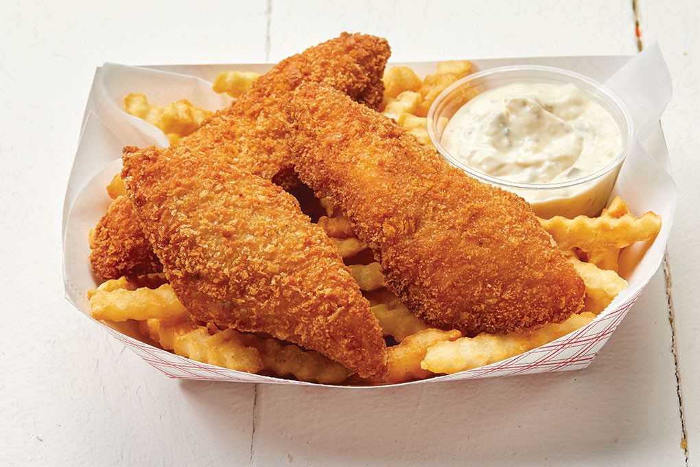 Kathy Casey says the key to maintaining crispiness of fried fish in takeout items is in the sourcing and breading system. She uses center-cut wild Alaska pollock fillets that are custom-breaded and frozen for optimal texture.