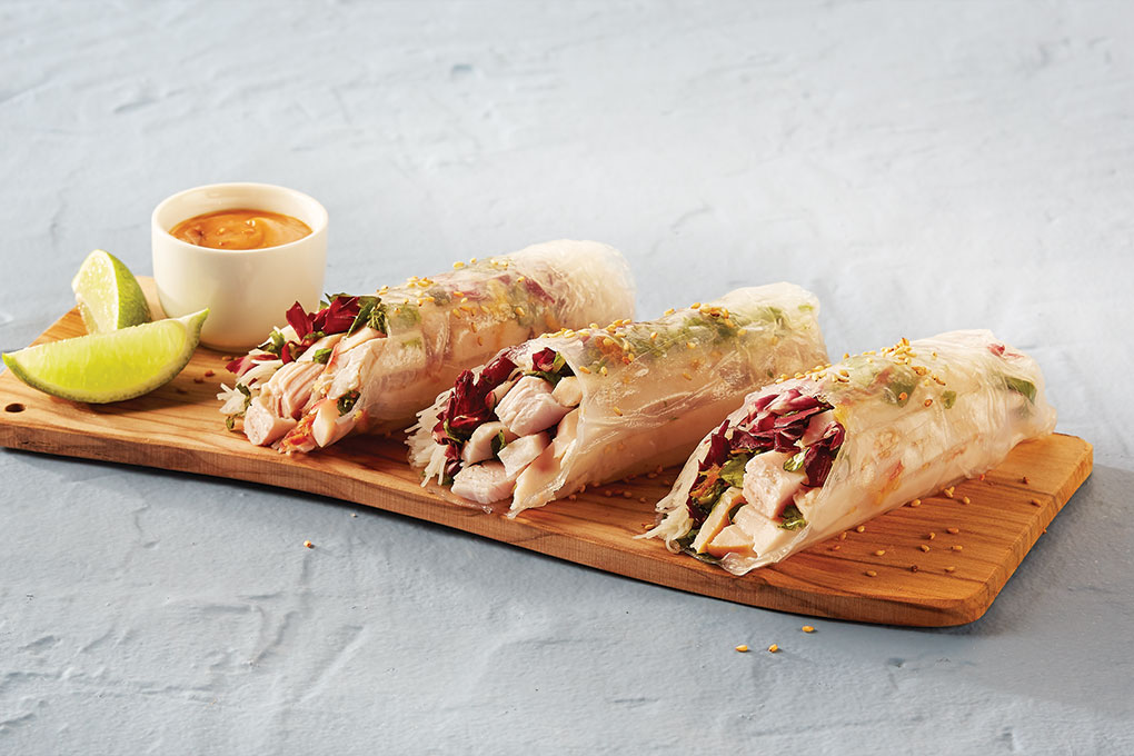 Turkey Summer Rolls star bright, fresh flavors, paired iwth a sambal peanut sauce.