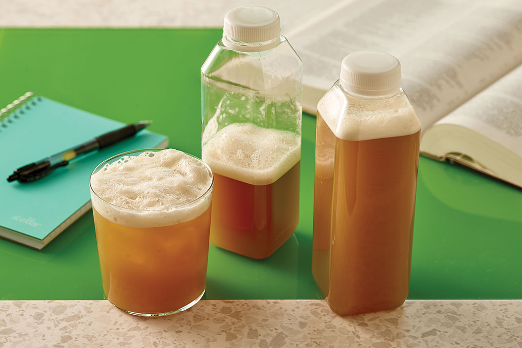 Whipped pasteurized egg whites hold their form for an appealing non-alc to-go option in this trend-forward aromatic creamy-topped Elderflower Foam Iced Tea.