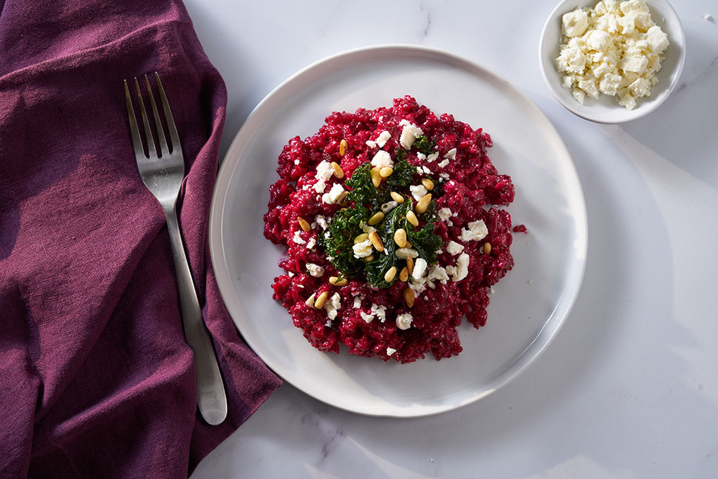 This Roasted Beet Risotto showcases what plant-forward dishes do best—straddling that line between indulgent and functional. Al dente U.S.-grown arborio rice plays host to nutrient-rich beets, creamy feta, sharp Parmesan and fried kale.