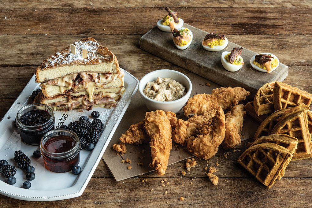 “Just Add Bubbles” featuring Deviled Eggs topped with short rib; Chicken & Waffles with maple syrup and housemade sausage gravy; and French Toast Monte Cristo filled with pit ham and white cheese sauce, served with a sweet-tart seasonal jam and fresh berries.