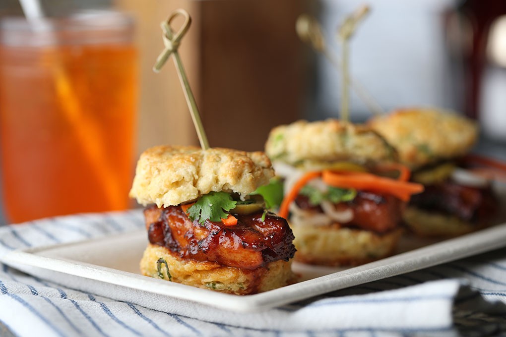 Bourbon-Glazed Pork Belly Biscuit Sliders