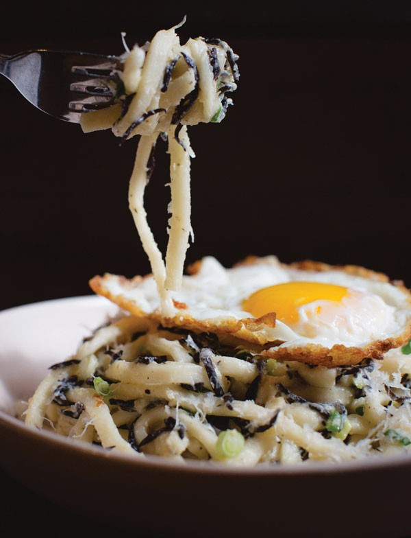 Hijiki seaweed, along with red miso butter, lends a salty umami quality to the Breakfast Udon at Bar Beau in Brooklyn, N.Y.