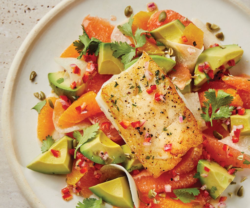 This Alaska Cod with citrus, avocado, jicama and Fresno chile vinaigrette, created by chef Jeremy Bringardner, prominently features a number of immunity-boosting ingredients.