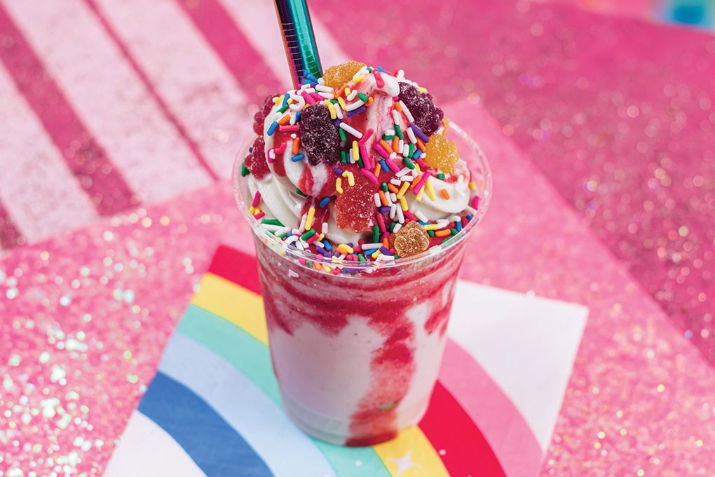 Sweet Ritual, a vegan ice cream shop in Austin, Texas, features a signature coconut-soy vanilla soft serve in its offerings, including in this Rainbow Chaser Fancy Shake with strawberry swirl, gummies, lavender and sprinkles.