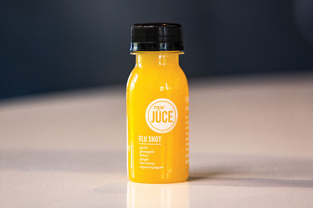 Raw Jūce, based in Boca Raton, Fla., offers a menu of quick fixes for consumers: 2-oz. immunity-boosting “shots,” including its Flu Shot with garlic, pineapple, ginger, raw honey and cayenne pepper.