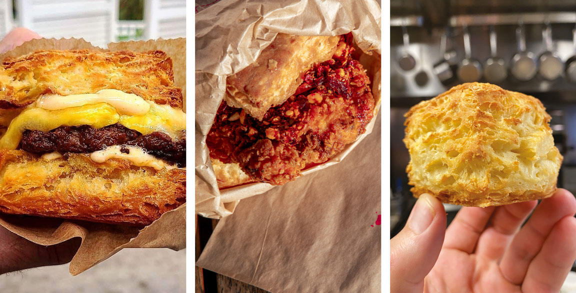 The build for six sandwich options starts with signature flaky biscuits at Little Ola’s Biscuits, a carryout in Austin, Texas.