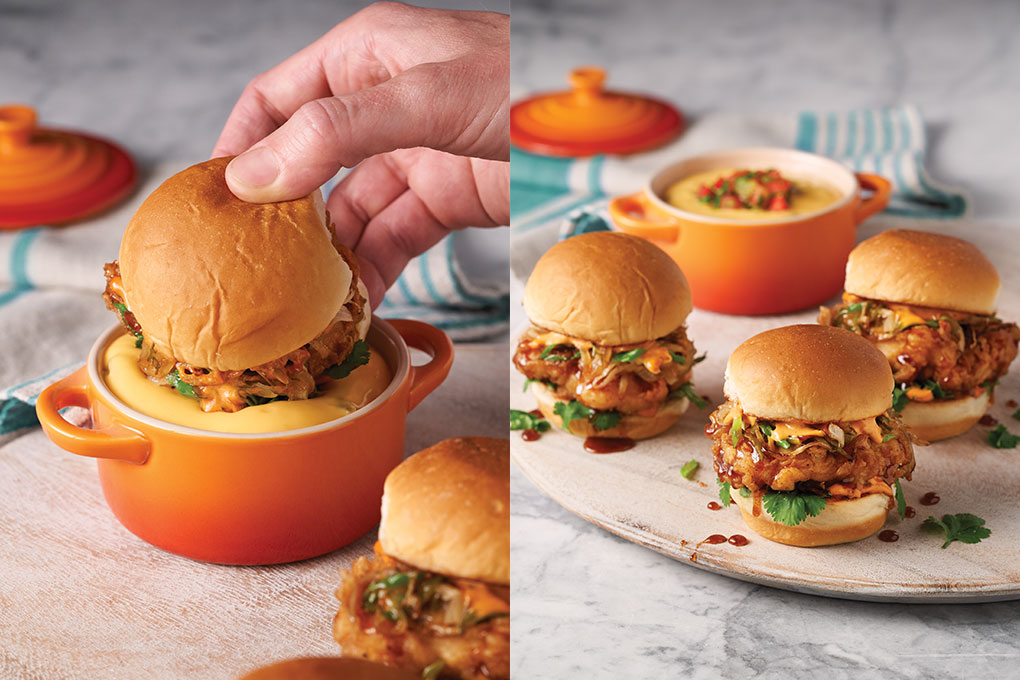 King’s Hawaiian Original Slider Buns have the ideal, just-soft-enough structure to sandwich a hot-and-sweet ancho-honey fried chicken thigh and pile of caramelized onions. They’re firm enough to hold up as each Little Dipper slider gets dunked into a side of flavorful green chile queso. “The slider rolls are gorgeous and structural, and just soft enough to squish down and encompass so many layers inside,” says Dina Paz. “They’re perfect from a visual standpoint and offer endless menu creativity, including shareble items.”