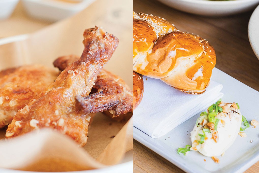 Left: The Umami Fried Chicken at The Peached Tortilla in Austin, Texas, builds craveability through a marinade of fish sauce and red wine vinegar; right: At Schmaltz, a pop-up restaurant housed in San Francisco’s Trestle, a multi-course meal kit themed around Jewish comfort food includes braided challah with whipped chicken-skin butter.